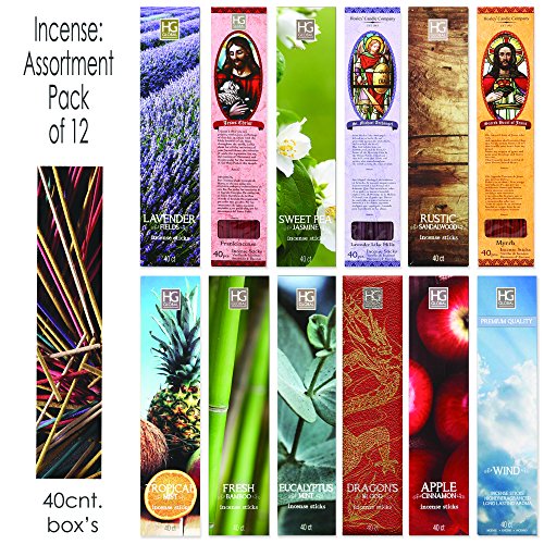 Aromatherapy Hosley 480 Pack Incense Lavender Eucalyptus Mint Sandalwood Sweet Pea Jasmine Tropical Mist Apple Cinnamon Fresh Bamboo Dragon's Blood Myrrh Lavender Lilac Frank Incense & Aluminum Burner #TOP2
