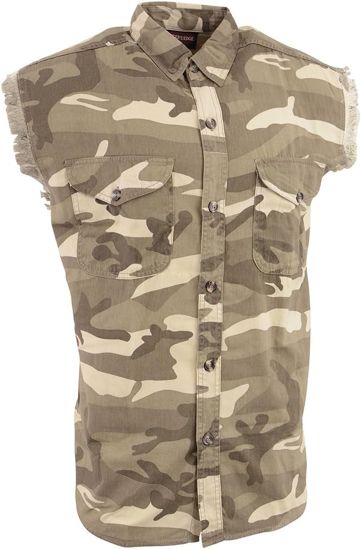 DM4009 Men's Sand Lightweight Denim Shirt with with Frayed Cut Off Sleeveless Look