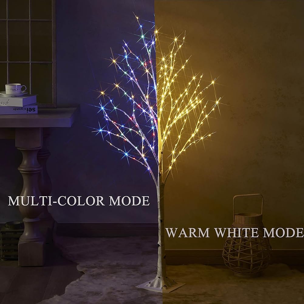 Árbol de Abedul Iluminado con LED RGB + Blanco Cálido con Mando a Distancia 8 Funciones árbol de Luces de Navidad Olivo Artificial Grande Blanco Luces Para árboles Interior y Exterior,120cm