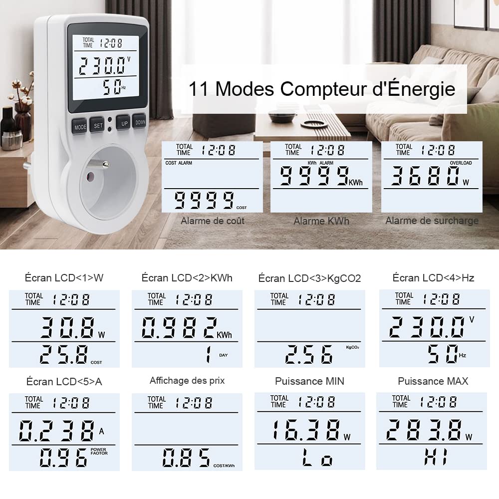 KETOTEK Wattmètre Prise Compteur d'Énergie, Consommation d'Énergie avec 11 modes, Écran LCD Rétroéclairé, Compteur d'Énergie Électrique pour Économie d'Energie, Surcharges de Protection, 3680W