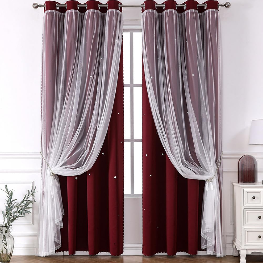 Tendaggi Oscuranti Per Camera Da Letto Soggiorno,Moderne Tende Termoisolanti,Design A Doppio Strato Con Stelle E Velo Per La Privacy,Decorazione Per Finestre,2 Pannelli-Red||W59*L78/150 * 200cm
