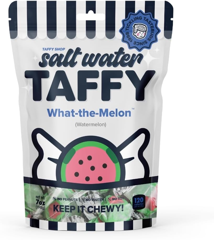 Taffy Shop What the Melon, Watermelon Salt Water Taffy – Gourmet Soft Chewy Candy, Bulk Sweet Snack, Fresh Gift & Gluten-Free, 30 Individually Wrapped Pieces (7oz)