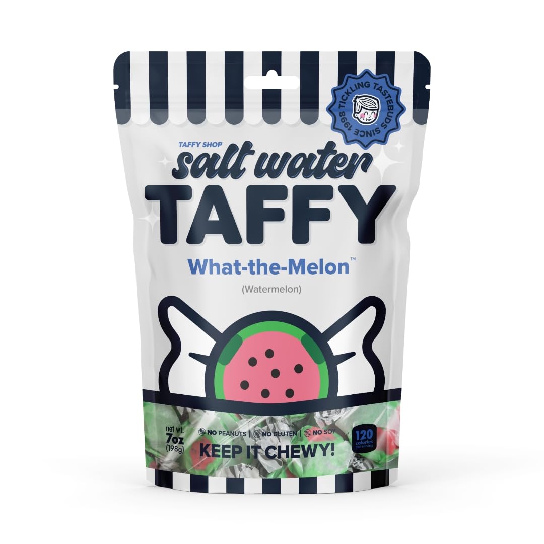 Taffy Shop What the Melon, Watermelon Salt Water Taffy – Gourmet Soft Chewy Candy, Bulk Sweet Snack, Fresh Gift & Gluten-Free, 30 Individually Wrapped Pieces (7oz)