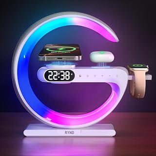 RYND 2025 Magnetic 5 in 1 Speaker Alarm Clock with Wireless Charger, Bedside Lamp with Adjustable Night Light, Gift for Family/Friends(White)