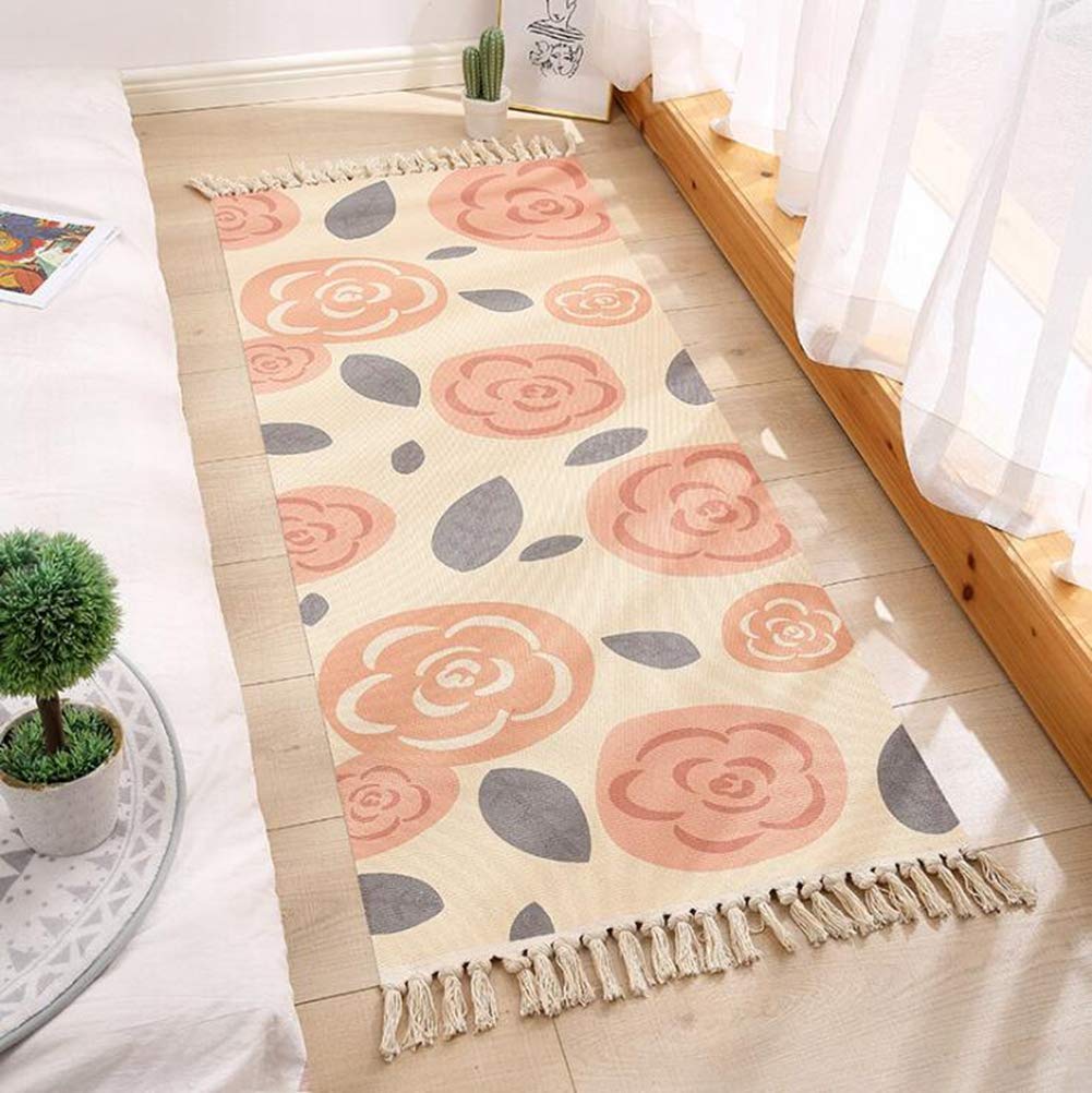 Tapis vintage à franges en coton fait main pour salon et chambre - Déco intérieure douce