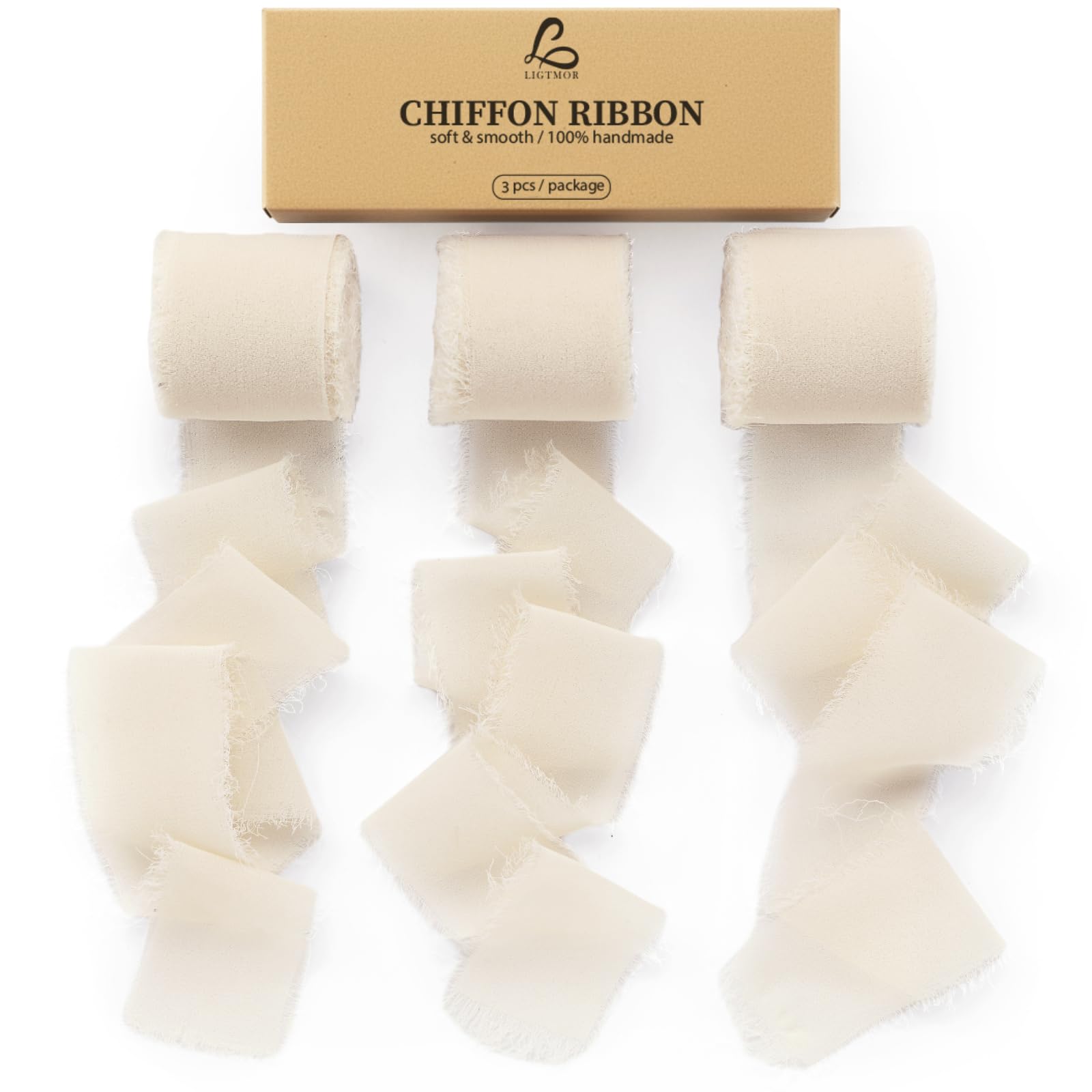 Ligtmor Chiffon Silk Ribbon 3 Rolls 1.5'' x 7 Yd Green & Cream, 1.5'' x 21 Yd Sage Green Ribbons Handmade Fringe for Wedding Invitations, Bridal Bouquets, Gift Wrapping, Holiday Decoration — image 1