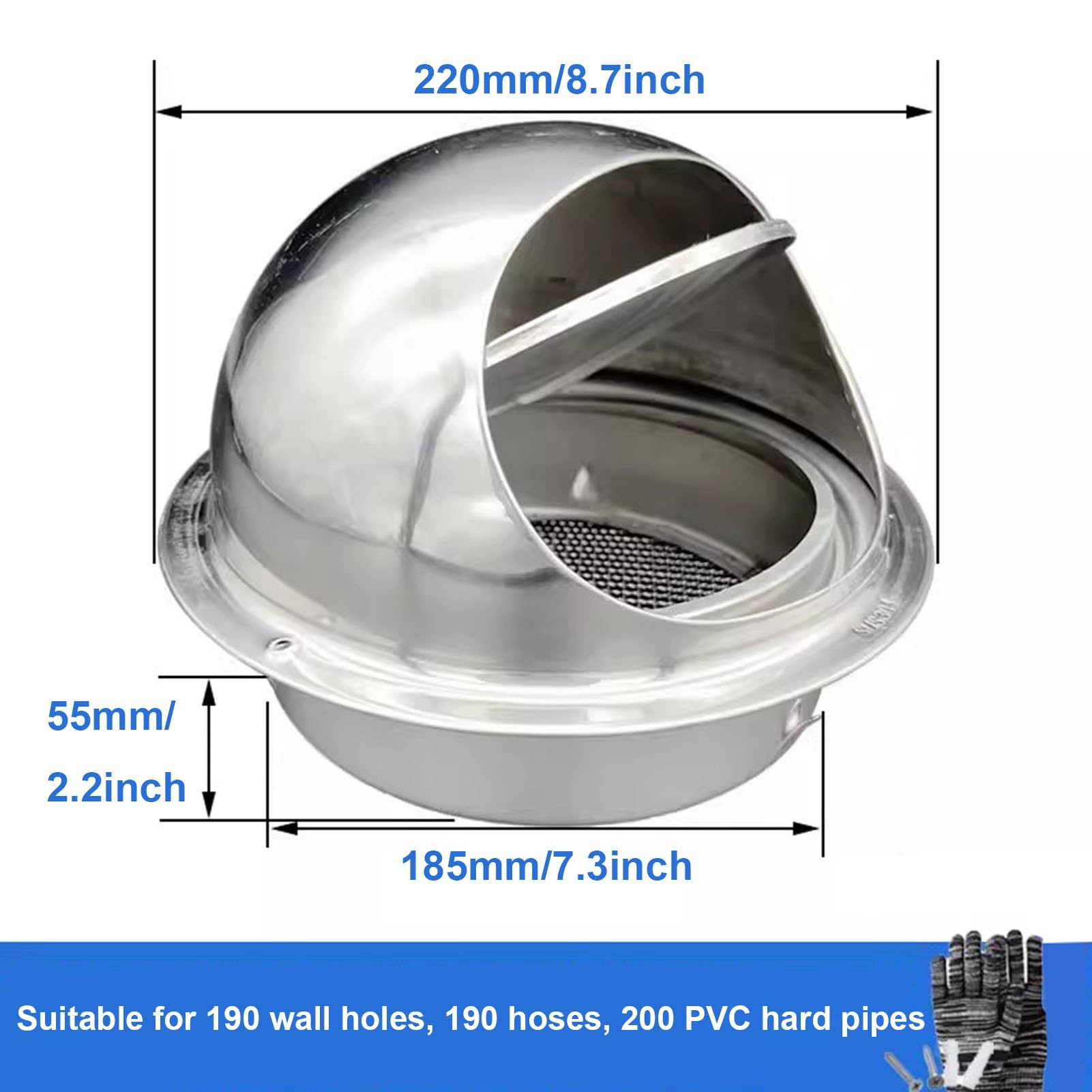 2 x Grille D'Aération Hotte en Acier Inoxydable avec Plaque de Protection en Maille Gants, Grille de Ventilation pour Pot D'échappement de Mur Extérieur(190mm/7.5inch)