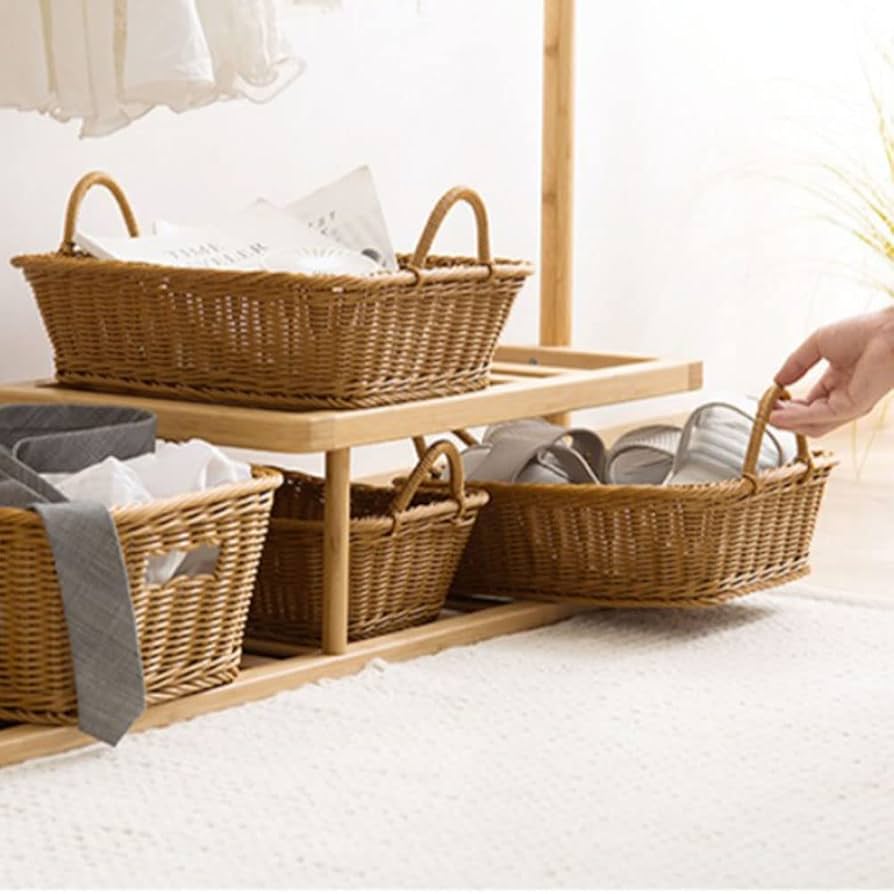 Amazon.co.jp: 収納かご 浅型 収納バスケット 編み込み 籐収納