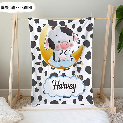 Miniatura 2 de Hyturtle Manta personalizada con estampado de vaca con nombre, mantas de bebé personalizadas para niños y niñas con estampado de vaca blanca y