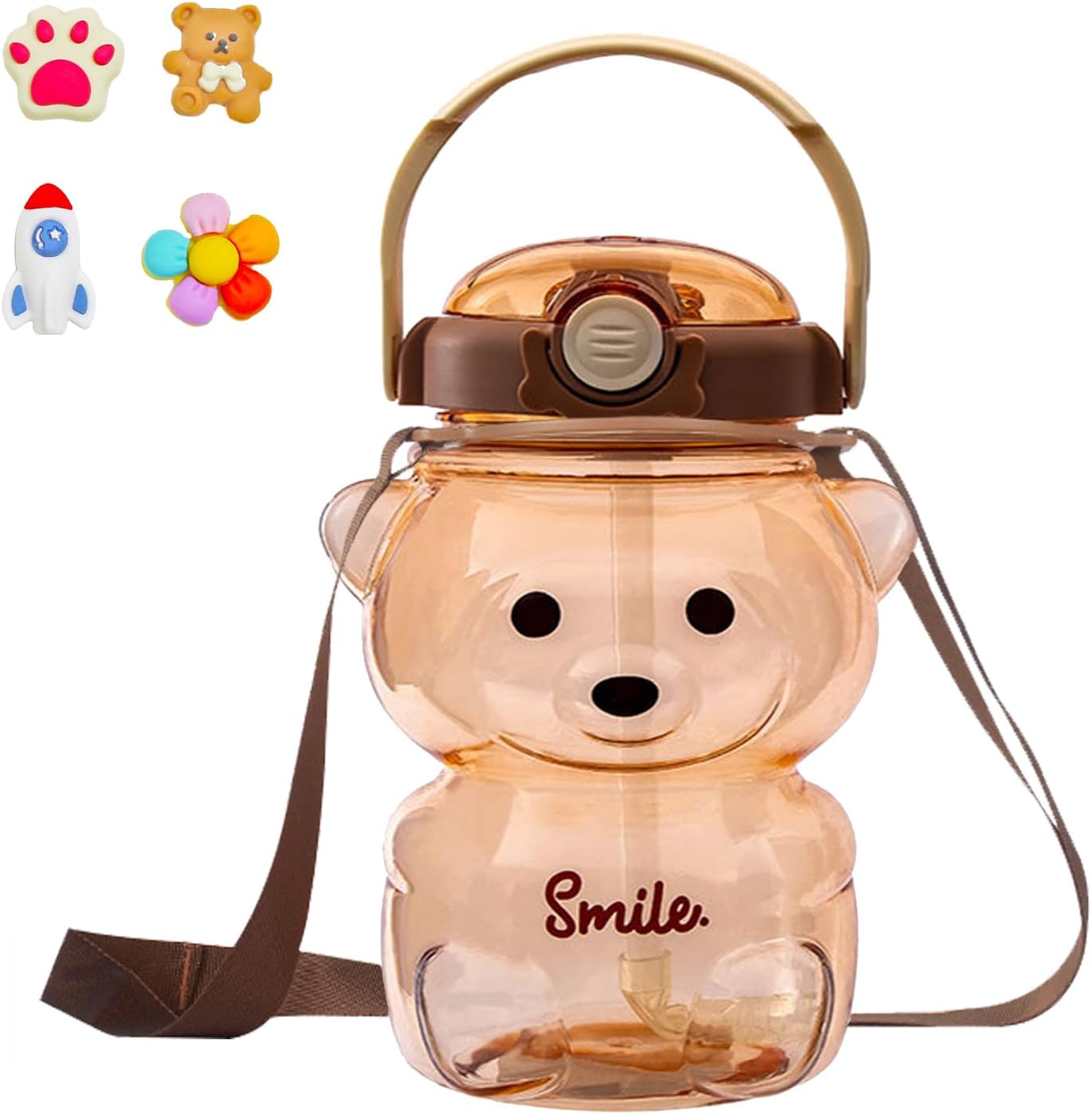 TourKing Teddy Bear Water Bottles with Adjustable Straw,3D Stickers and Strap,Portable Leakproof BPA-Free Water Bottle For Girls for School Sports Camping Hiking Travel(1000ml/34oz) (brown, 1000ml) - Image 2