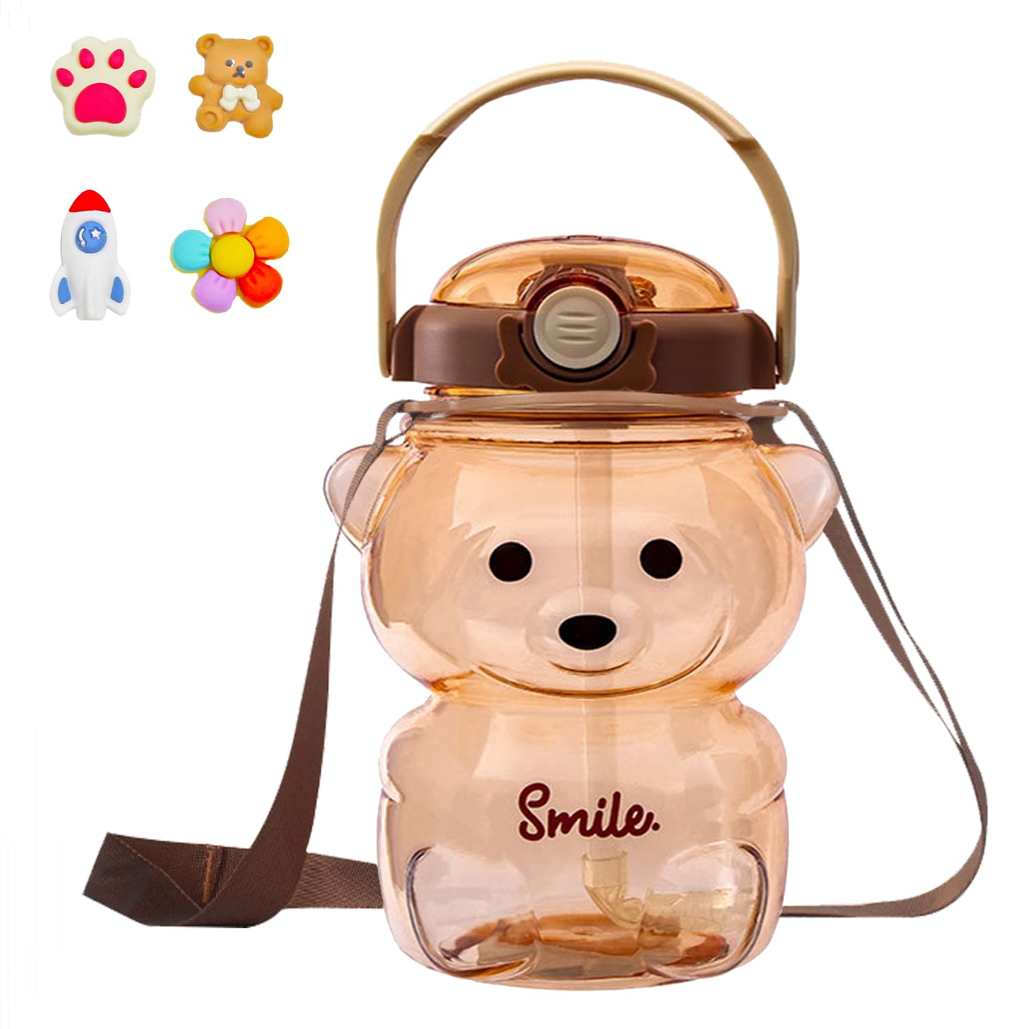 TourKing Teddy Bear Water Bottles with Adjustable Straw,3D Stickers and Strap,Portable Leakproof BPA-Free for School Sports Camping Hiking Travel(1000ml/34oz) - Image 2