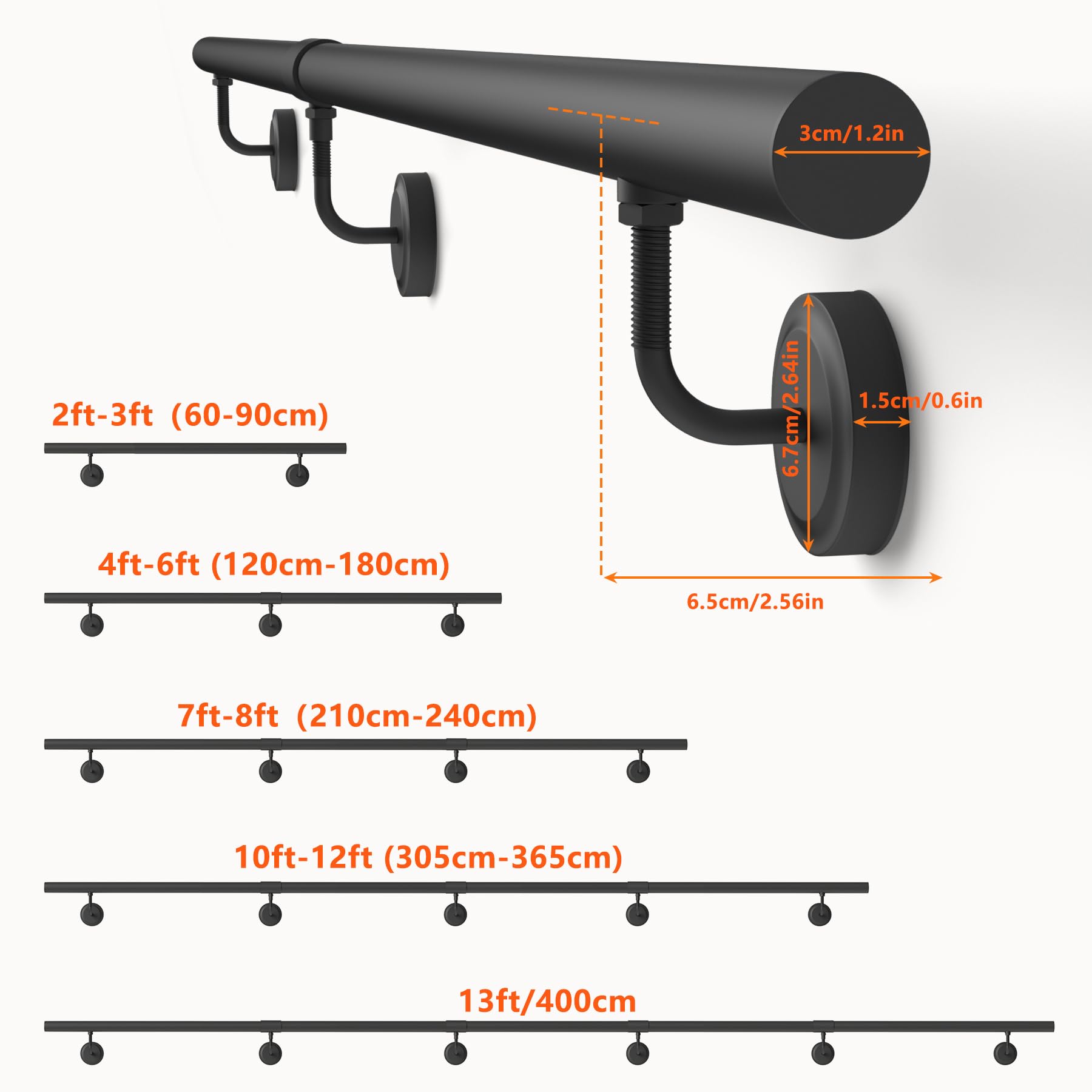 NArra 2FT Industrial Metal Stair Handrail,Round Pipe Stair Railing For Indoor/Outdoor Steps,Wall Mount Support Staircase Handrail,440LBS Load Capacity Hand Rails,Safety Grab Bar Porch Stairway Railing - Image 2