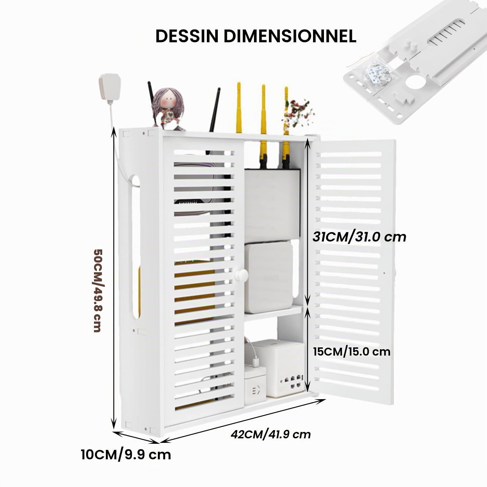 Étagère murale en PVC pour routeurs et prises WLAN - 2 niveaux réglables en hauteur avec portes battantes - Gestion des câbles anti-poussière (boîte à câbles) - Gain de place pour salon