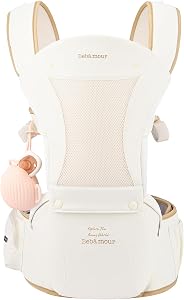 Bebamour Baby Carrier Newborn to Toddler Baby Carrier Hipseat 0-36Months with Head Hood, 3 PCS Teething Pads, Waist Extender (New Khaki)