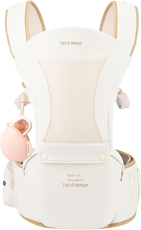 Bebamour Baby Carrier Newborn to Toddler Baby Carrier Hipseat 0-36Months with Head Hood, 3 PCS Teething Pads, Waist Extender, Storage Bag & Pacifier Case (Beige)