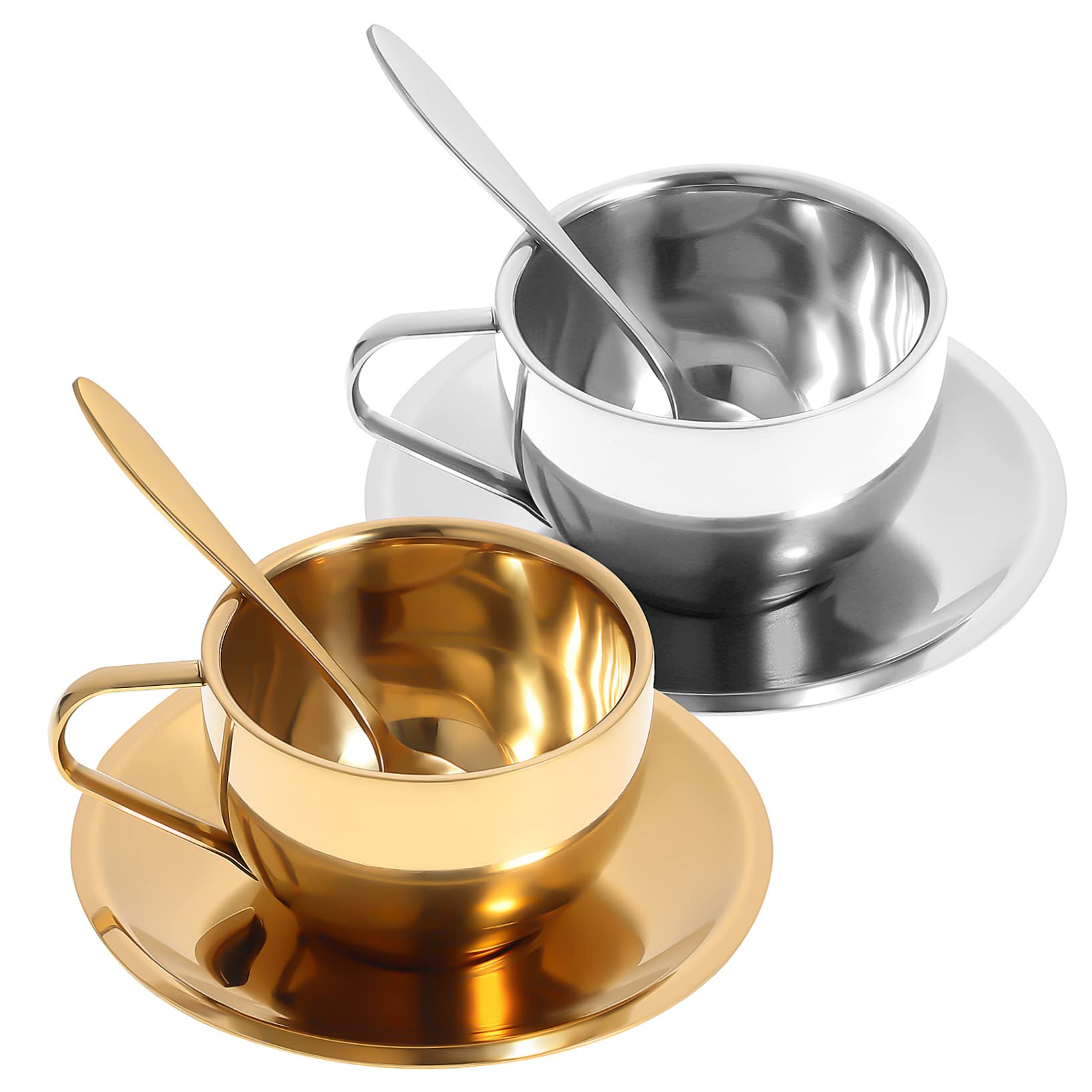 Set de 2 Tasses à Café en Acier Inoxydable 304 avec Soucoupe et Cuillère