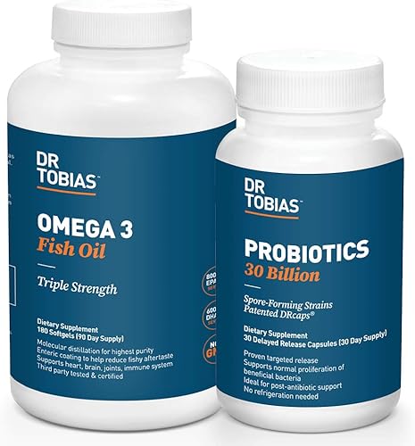 Dr. Tobias Probióticos 30 mil millones y aceite de pescado Omega 3 (2000 mg) para apoyo digestivo y salud general