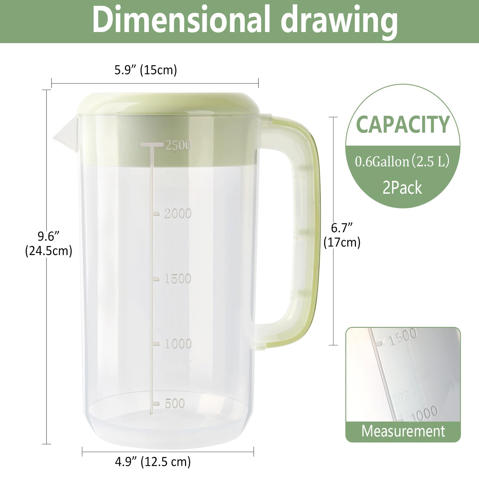 Jarra de plástico transparente de 2,5 litros con tapa, paquete de 2 jarras de agua transparente para bebidas frías, jarra de té helado para limonada, té helado, leche, jugo, bebidas