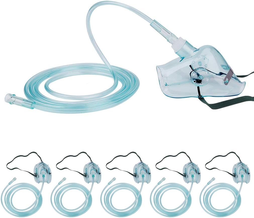 5 Pack Oxygen Mask with 6.6' Tubing and Adjustable Elastic Strap - Adult Europe Size L