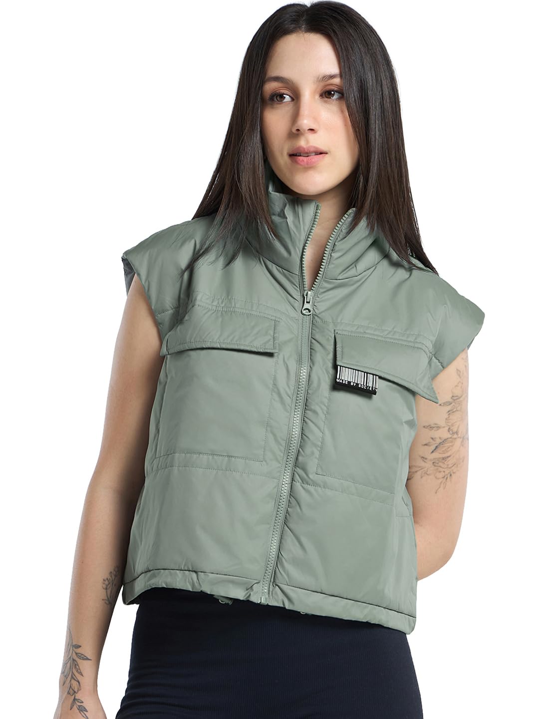 bewakoof Women's Solid Oversized Fit Gilet Sleeveless High Neck Nylon Jacket-picture-18