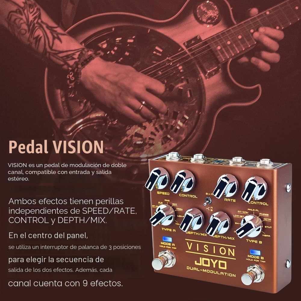 JOYO Pedal de modulación multiefectos serie R de doble canal de entrada y salida estéreo, 9 efectos para guitarra eléctrica (Vision R-09)