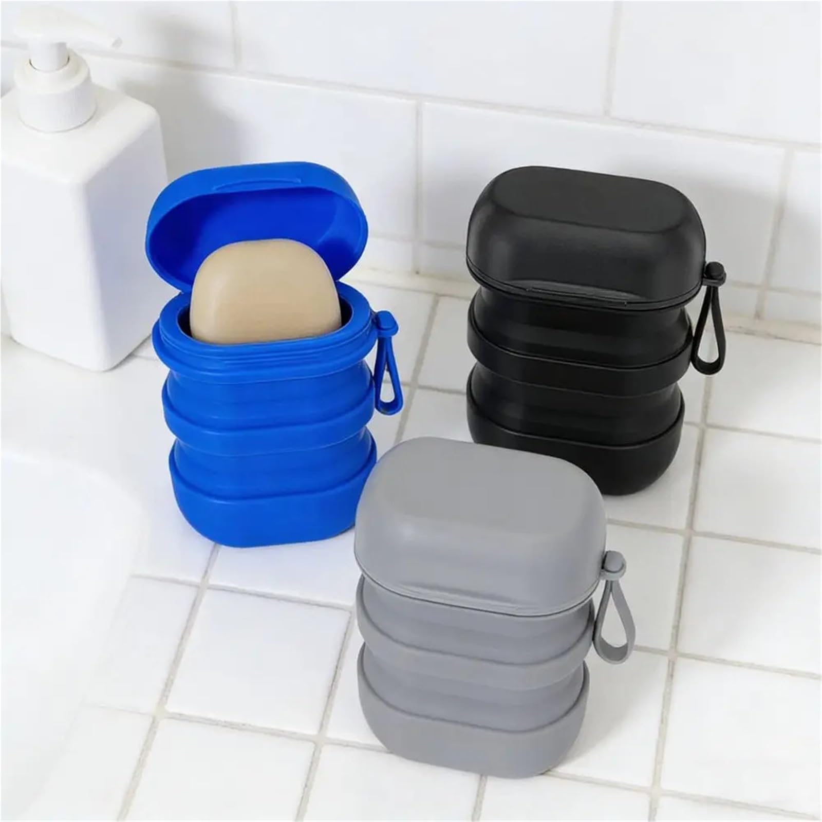 Jabonera Antideslizante, Bandeja de Mango Drenaje Caja jabón Silicona Multicolor 4 Piezas. Plegable al Aire Libre(Black)