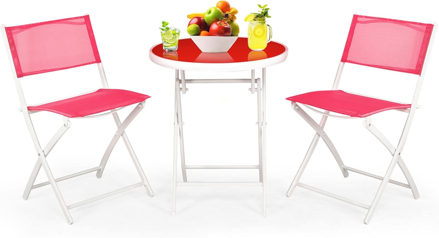 HAPPYGRILL 3 Piece Patio Folding Bistro Set, Outdoor Foldable Chair & Table Set with Breathable Fabric, Tempered Glass Tabletop, Small Conversation Furniture Set for Porch Balcony Poolside Yard