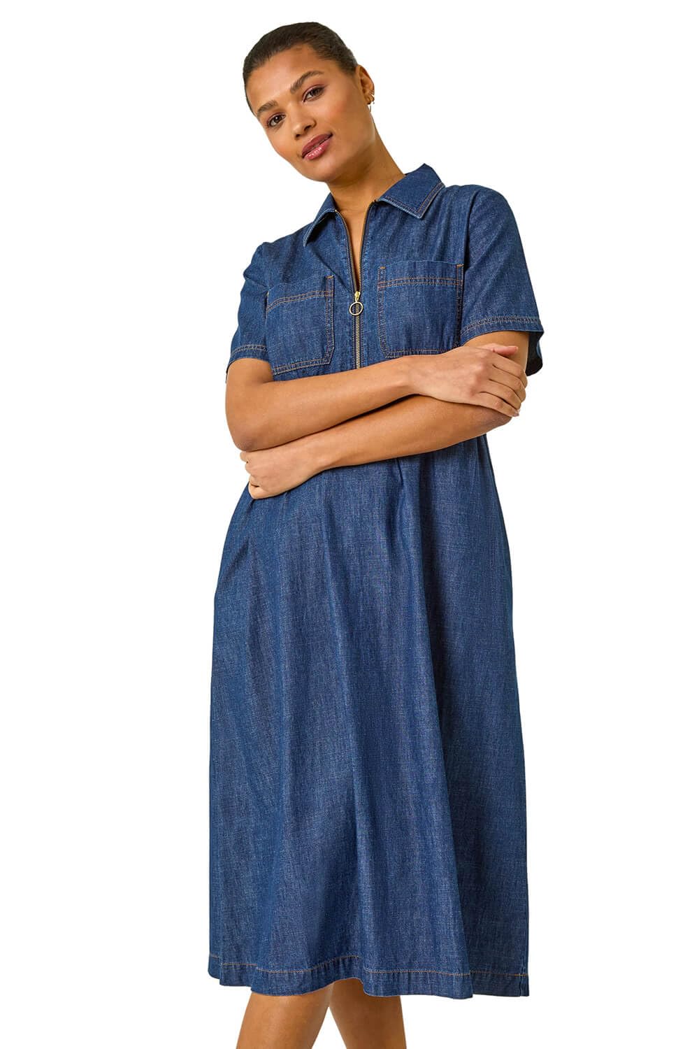 Roman Originals Women's Denim Zip A-Line Midi Dress For Uk - Everyday Holiday Spring Summer V-Neckline Comfy Soft Evening Vacation Work Party - Size 10