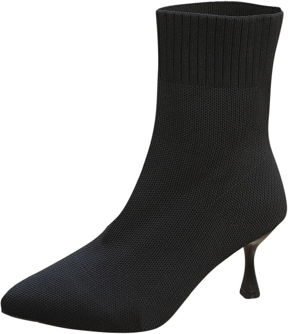 Knit Ankle Boots for Women, Stiletto Heel Pointed Toe Booties Mesh Upper Fashion Casual Short Boots for Fall Winter