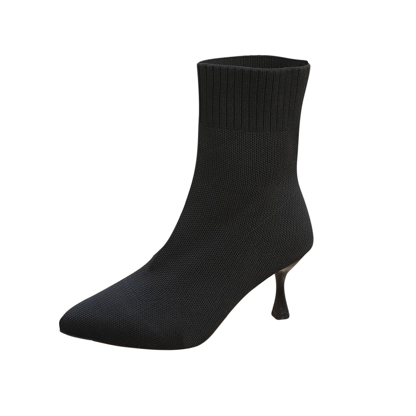 Knit Ankle Boots for Women Stiletto Heel Pointed Toe Booties Mesh Upper Fashion Casual Short Boots for Fall