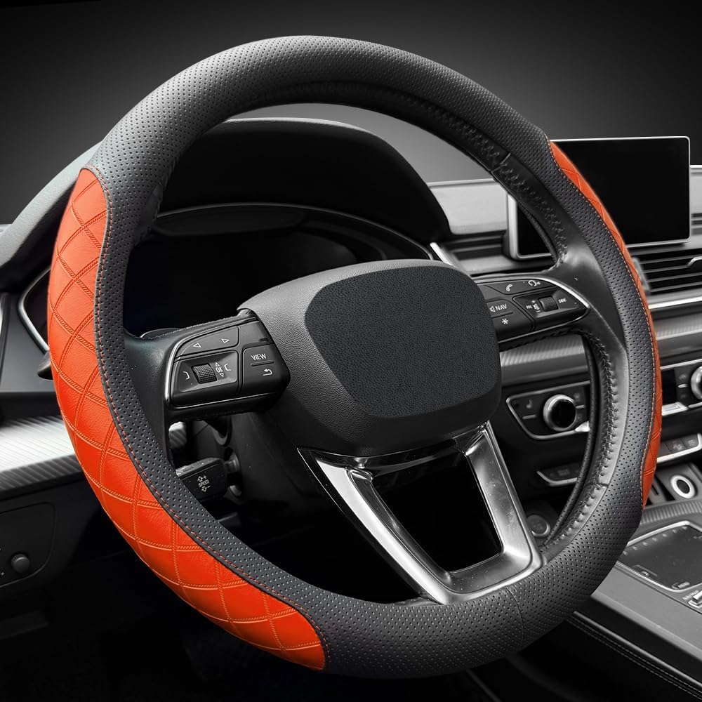 LKWLIKEI Nappa Leather Steering Wheel Cover, Diamond Checkered Design, Non-Slip wear-Resistant, Enhance Driving Comfort, Suitable for Steering Wheel Diameter 14 1/2‘-15’ Models.Black Orange image 2