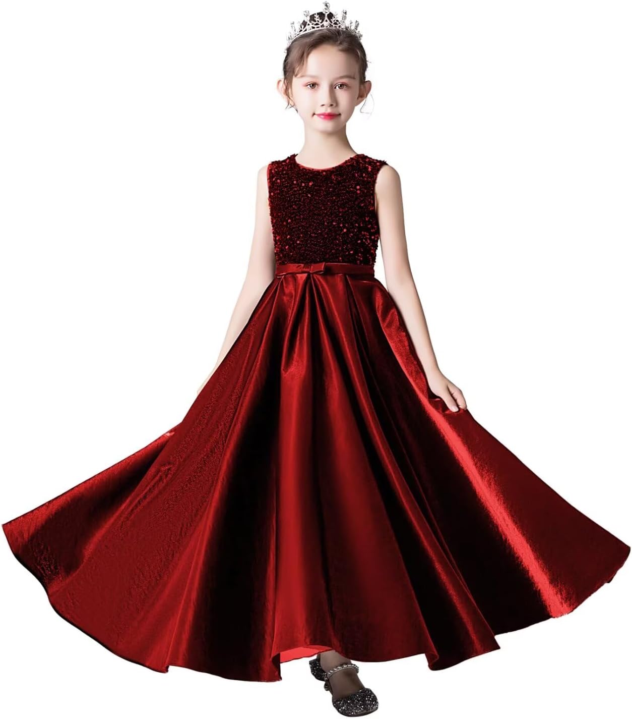 dideyttawl Long Sequins Satin Flower Girls Dress for 4-16 Sleeveless A Line Junior Bridesmaid