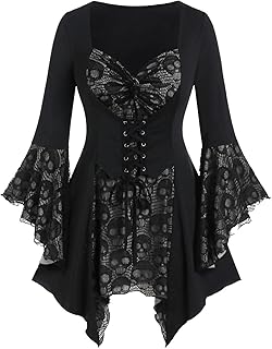 Womens Plus Size Gothic Bell Sleeve Skull Lace Handkerchief Tee Medieval Renaissance Costume Halloween Outfits