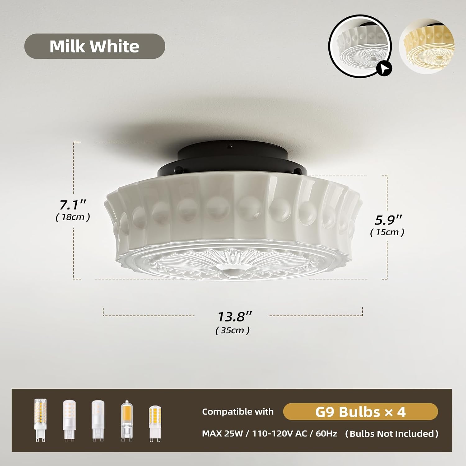 Milk Glass Schoolhouse Ceiling Light - 14 Inch Vintage Mid Century Modern Flush Mount Lighting Fixtures - Antique Art Deco Lamp for Hallway Bedroom Kitchen Entryway Laundry Foyer Bathroom Dining Room