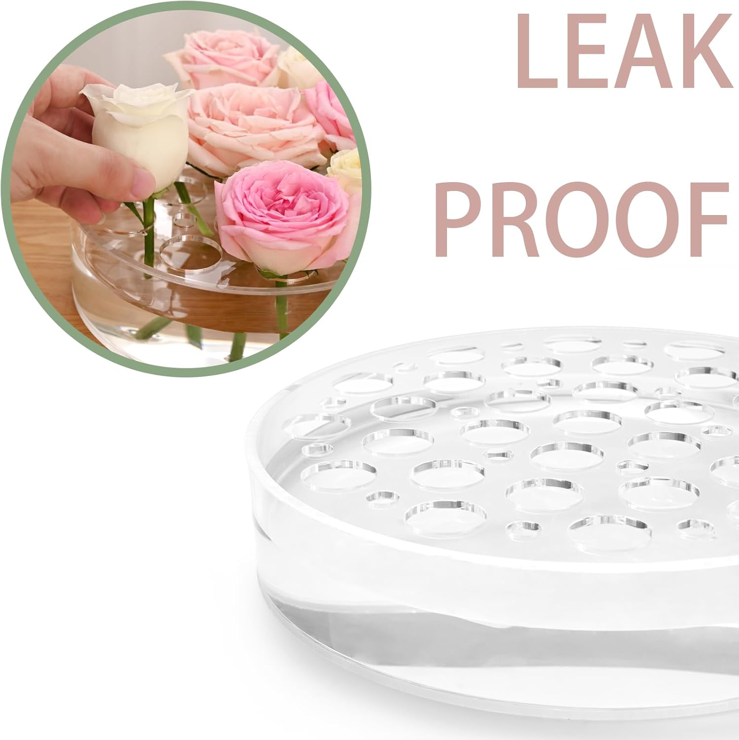 Acrylic Flower Vase 8 in Dia. Circular Leak-Proof Clear Acrylic Low Vase with 16+5 Holes - Low-Profile Cylinder Floral Centerpiece for Table - Clear