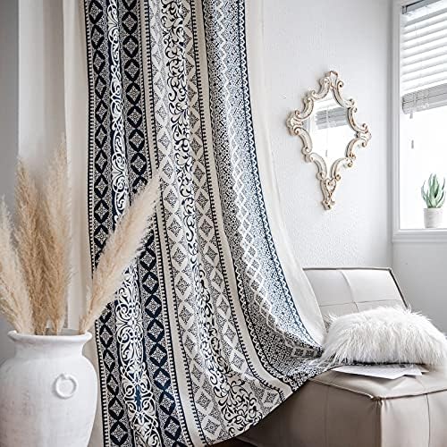 ColorBird Vintage Damask Semi-Blackout Window Curtains 2 Panels Bohemian Style Cotton Linen Darkening Curtains Rod Pocket Window Drapes for Living Room Bedroom (52" W x 95" L, Blue)