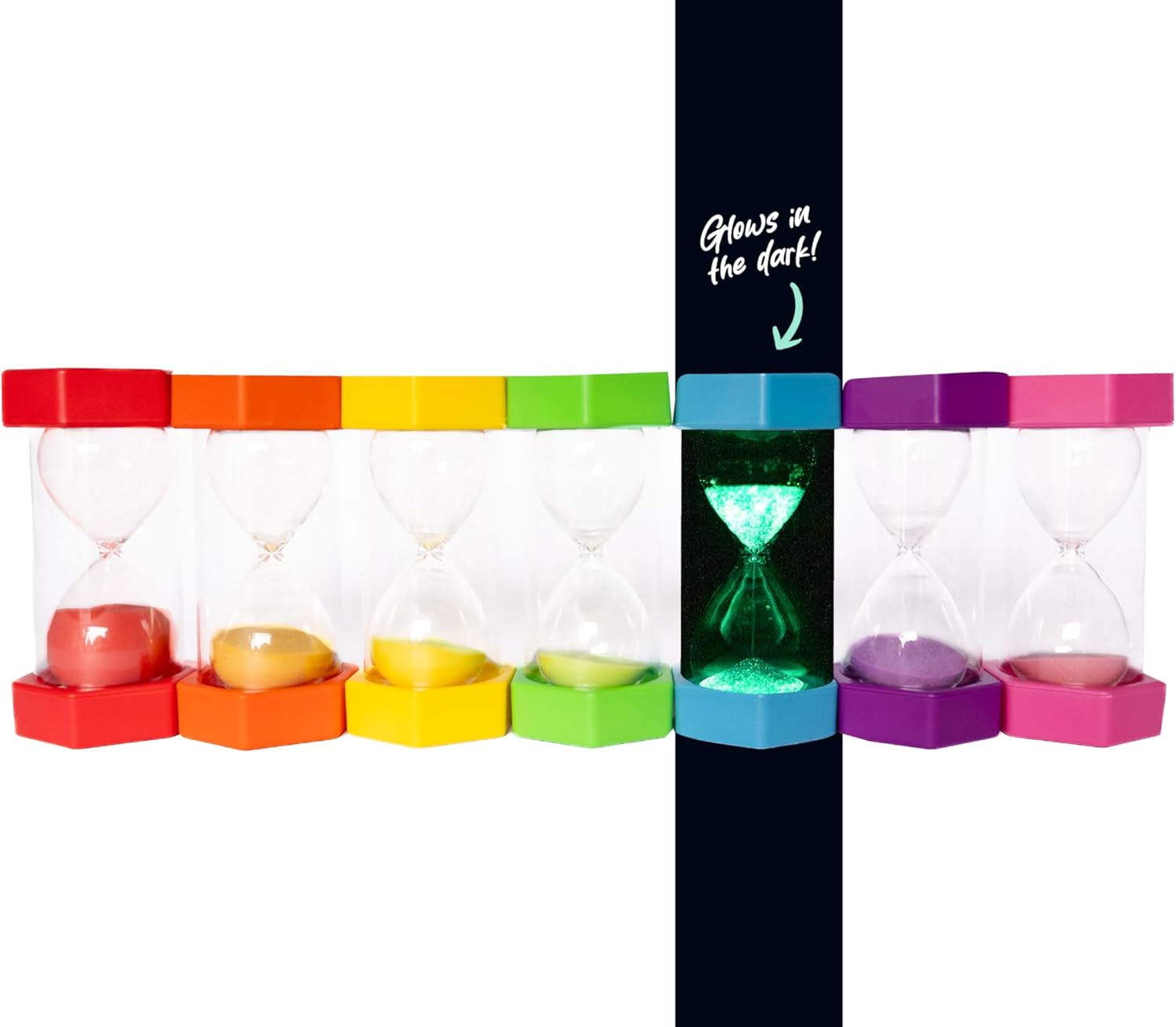 Rainbow Order Sand Timer for Kids 1/3/5/10/15/30/60 Minutes 7 Pieces Set. 5 Minute Timer Glows in The Dark. Great for Time Management in Neurodiverse Children. Ideal for Home Classroom Office.
