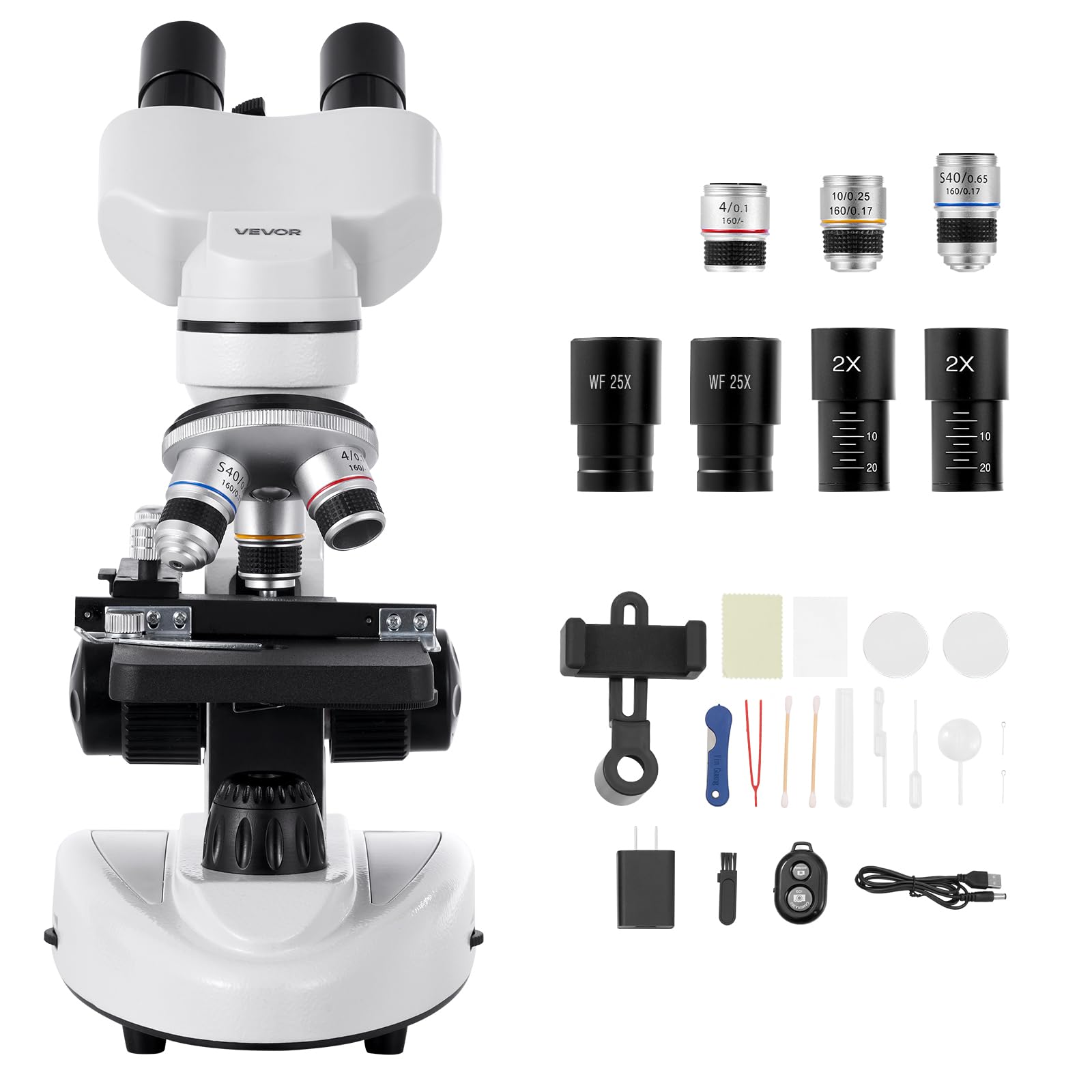 VEVOR Microscope Binoculaire Professionnel 40-2000X, Corps en Alliage d'Aluminium, Éclairage LED, Support de Téléphone Inclus
