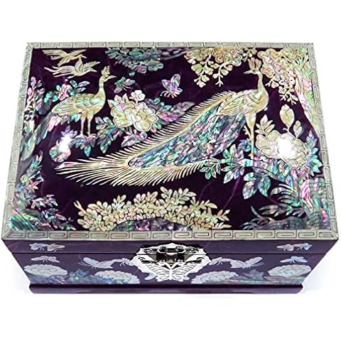 MADDesign Mother of Pearl Jewelry Box Ring Organizer Two Level Peacock Purple Cover