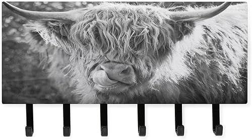 Soporte para llaves de vaca de las tierras altas de color negro y blanco para colgar en la pared personalizado con 5 ganchos para decoración de