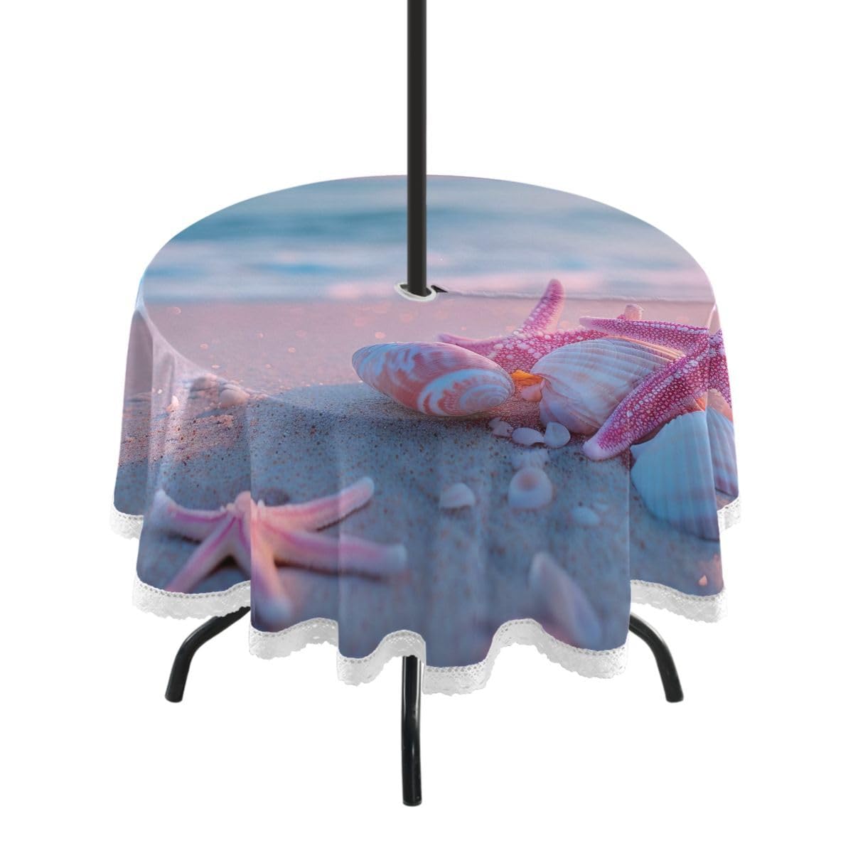 Nander Beautiful Starfish Shells Outdoor Tablecloth 60In,Waterproof with Zipper Umbrella Hole Patio Round Table Cloths for Backyard Parties Picnic BBQs