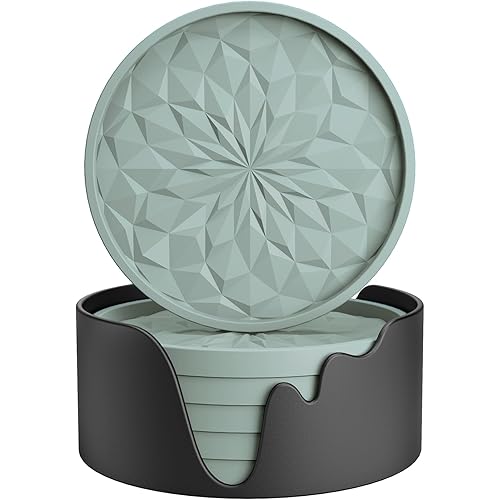 ME.FAN Silicone Coasters [6 Pack] Coasters with Holder - Drinking Coasters - Cup Mat for Drinks - Live for Hot or Cold Drink Thickened, Non-Slip, Non-stick, Deep Tray Desert Sage