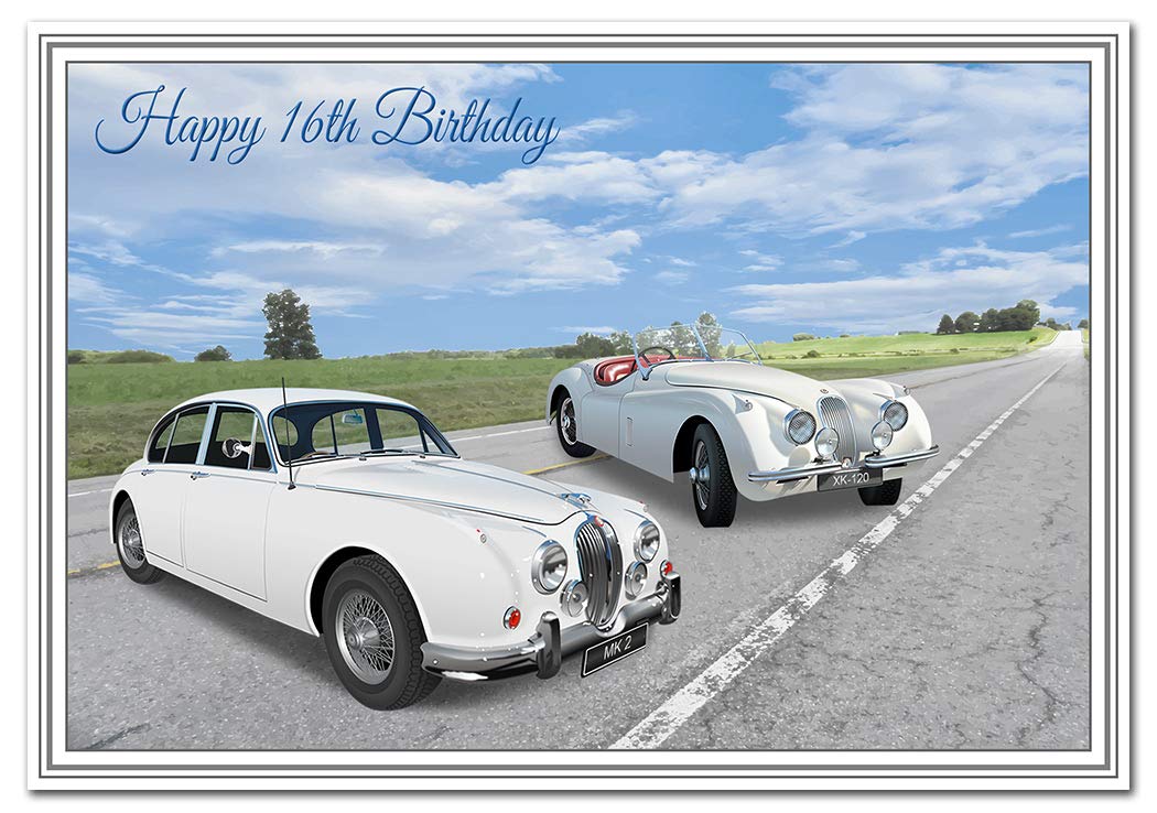 16th Birthday Card - Classic Car Vintage Collage - Cool Vector Art - Special Unique Unusual - Happy Adult Teenage Greeting Wishes - Blank inside - Made in UK