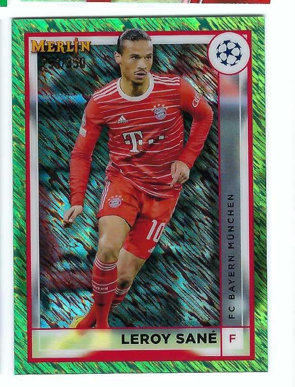LEROY SANE 2022-23 Topps Merlin UEFA Champions League Soccer #54 NEON GREEN SHIMMER REFRACTOR PARALLEL Card #293 of only 350 Made! Germany FC Bayern