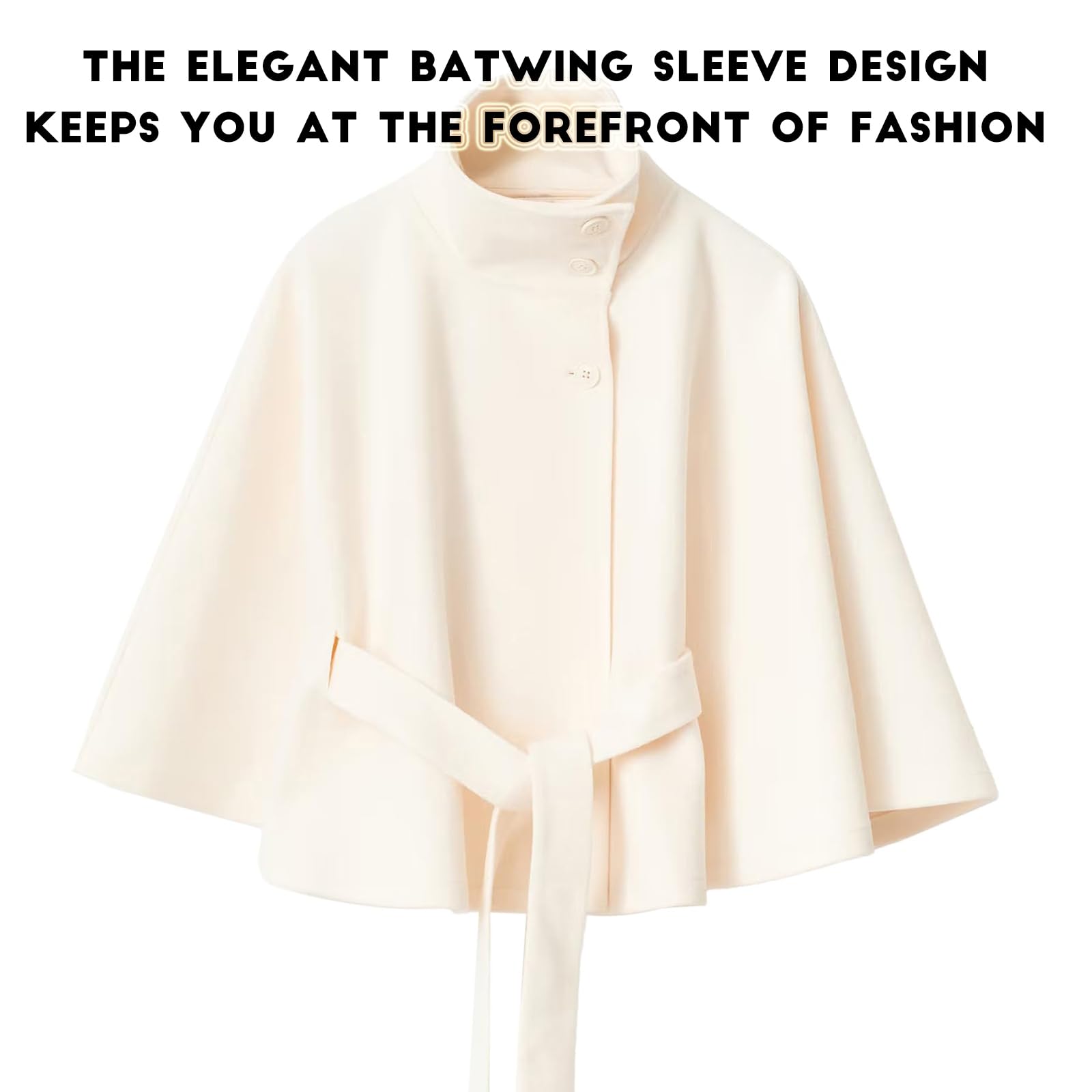 Generisch Abrigo de capa blanca, poncho de manga murciélago, abrigo de invierno para mujer, con cuello alto y cinturón