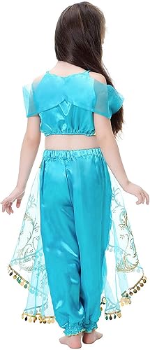 Miniatura 5 de Tacobear Disfraz de princesa jazmín para niñas, juego de vestido y peluca de jazmín árabe de lentejuelas para Halloween, cumpleaños, disfraz de