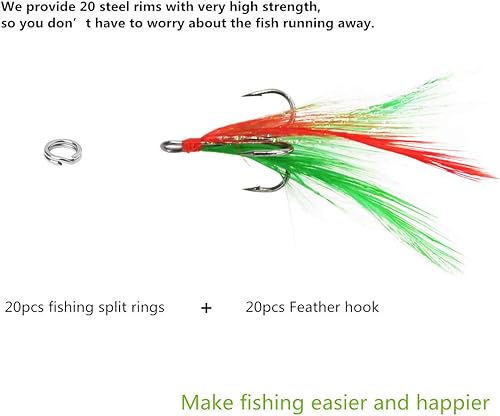 Miniatura 2 de 20 anzuelos de pesca redondos de níquel negro con plumas, 3 anzuelos de pesca fuertes y afilados, tamaño 4  6  8  10, plumas rojasnegroblanco