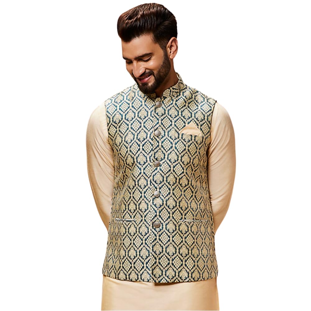 kisah Men's Nehru Jacket, Blue Silk Blend, Woven Design Regular Fit Mandarin Collar Sleeveless-picture-39