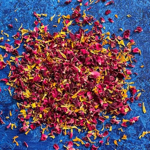 Edible 'Sunset' Yellow and Orange Marigold with Red Rose Dried Flower Petal Mix - 50g - Food Grade - Culinary - Cake - Bake - Decoration (297)