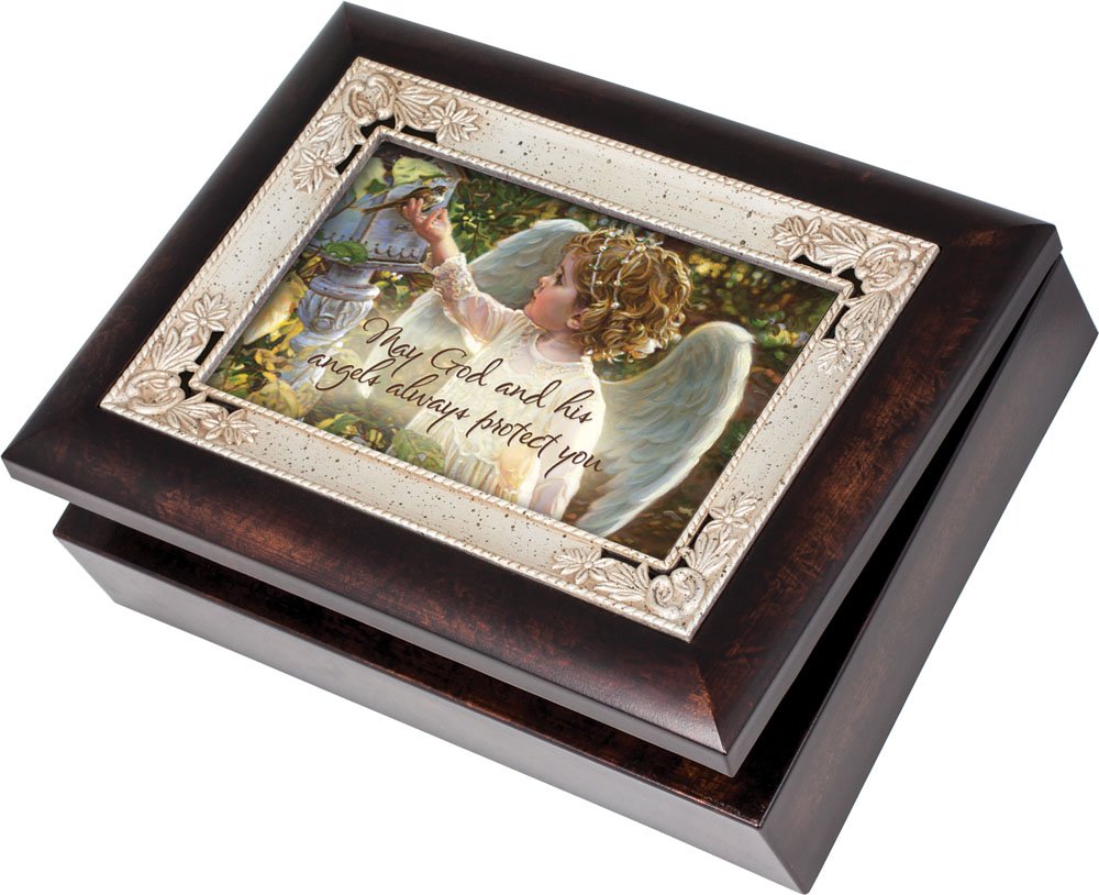 Cottage GardenAngel In The Garden Burlwood With Silver Inlay Italian Style Music Box/Jewelry Box Plays Amazing Grace